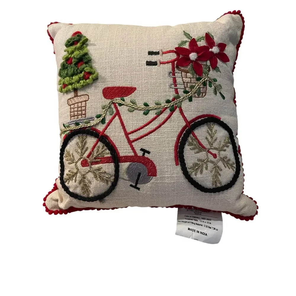 Christmas Throw Pillow With Bicycle & Poinsettia Plant & Tree Embroidered 12x12